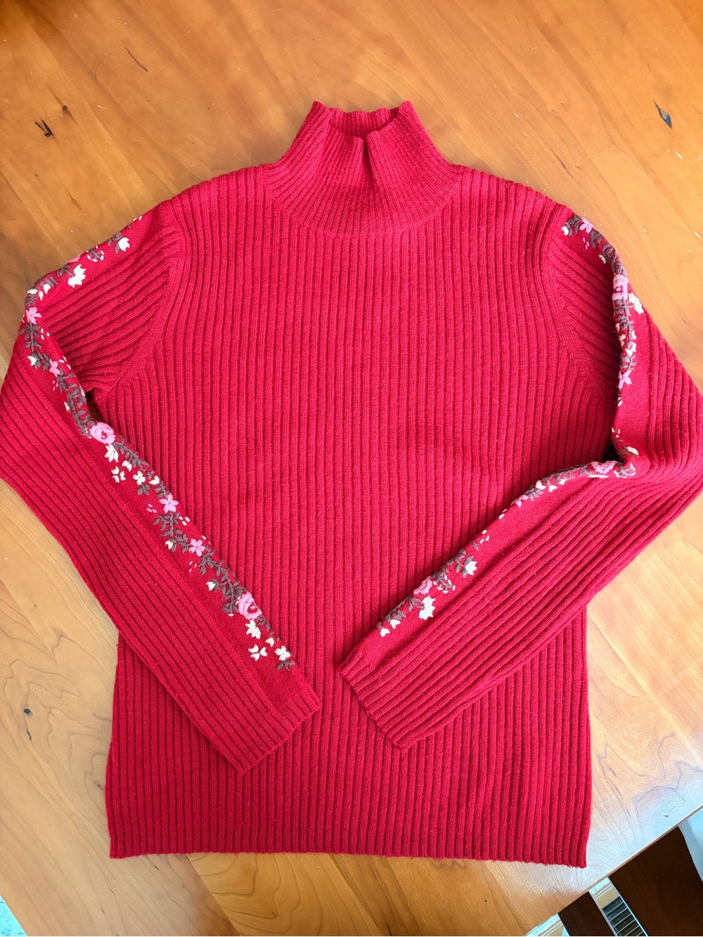 Anthropologie Red Ribbed Sweater with Floral Sleeve Embroidery